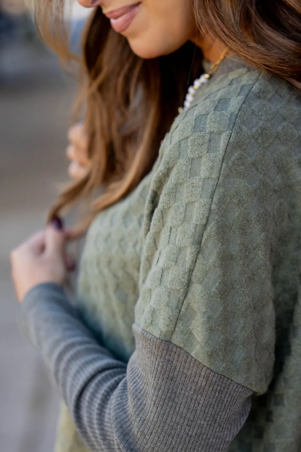 Checkered Solid Trim Popover Sweater