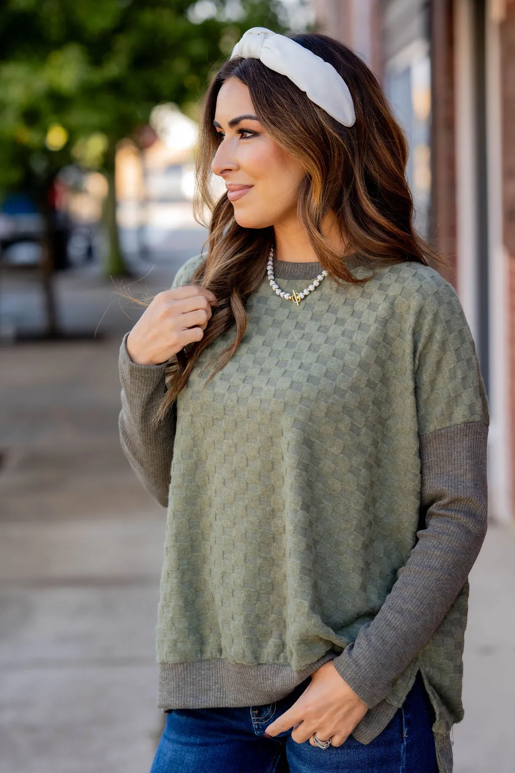 Checkered Solid Trim Popover Sweater