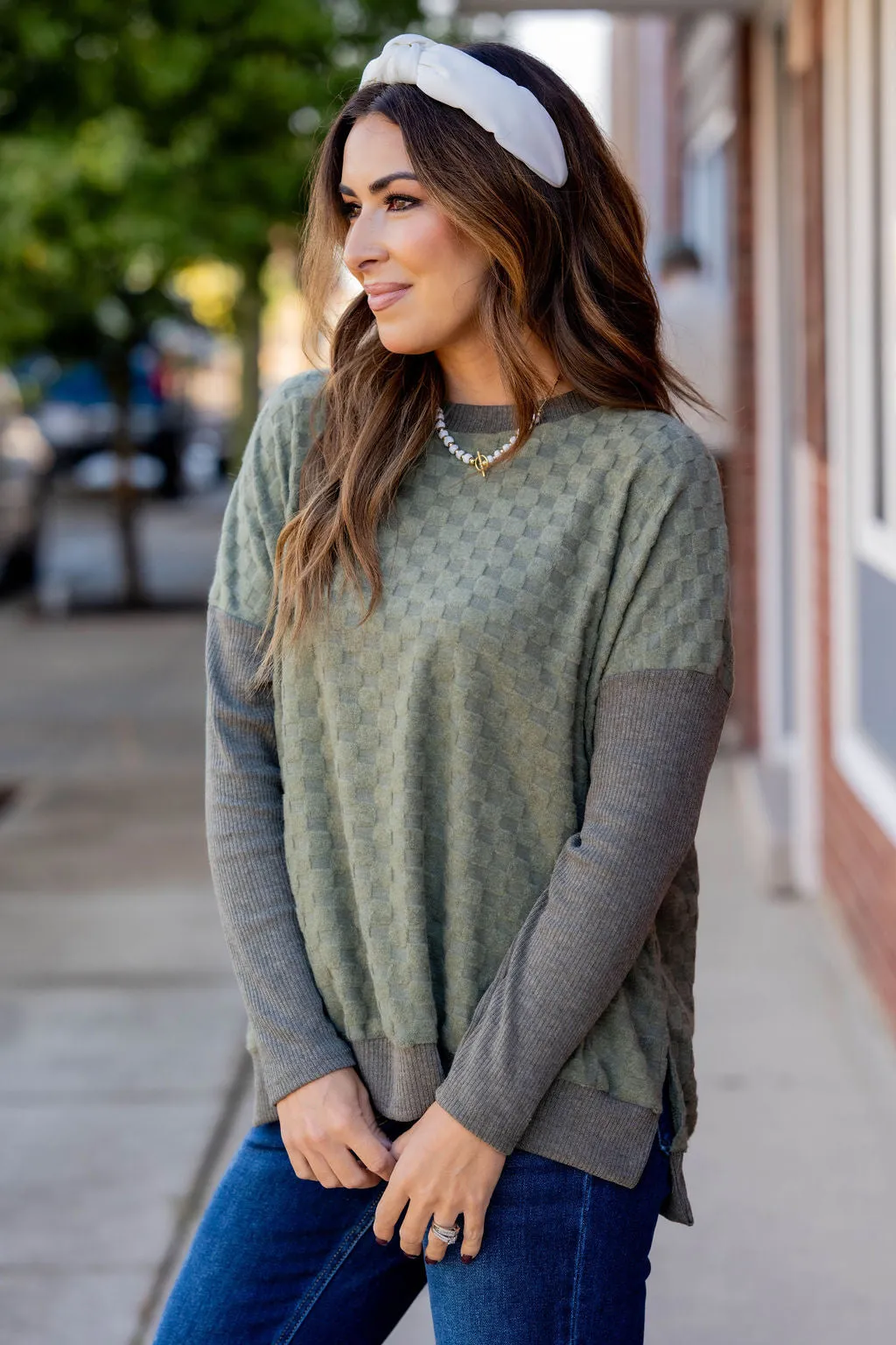 Checkered Solid Trim Popover Sweater