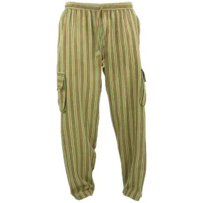 Classic Nepalese Lightweight Cotton Striped Cargo Trousers Pants - Green