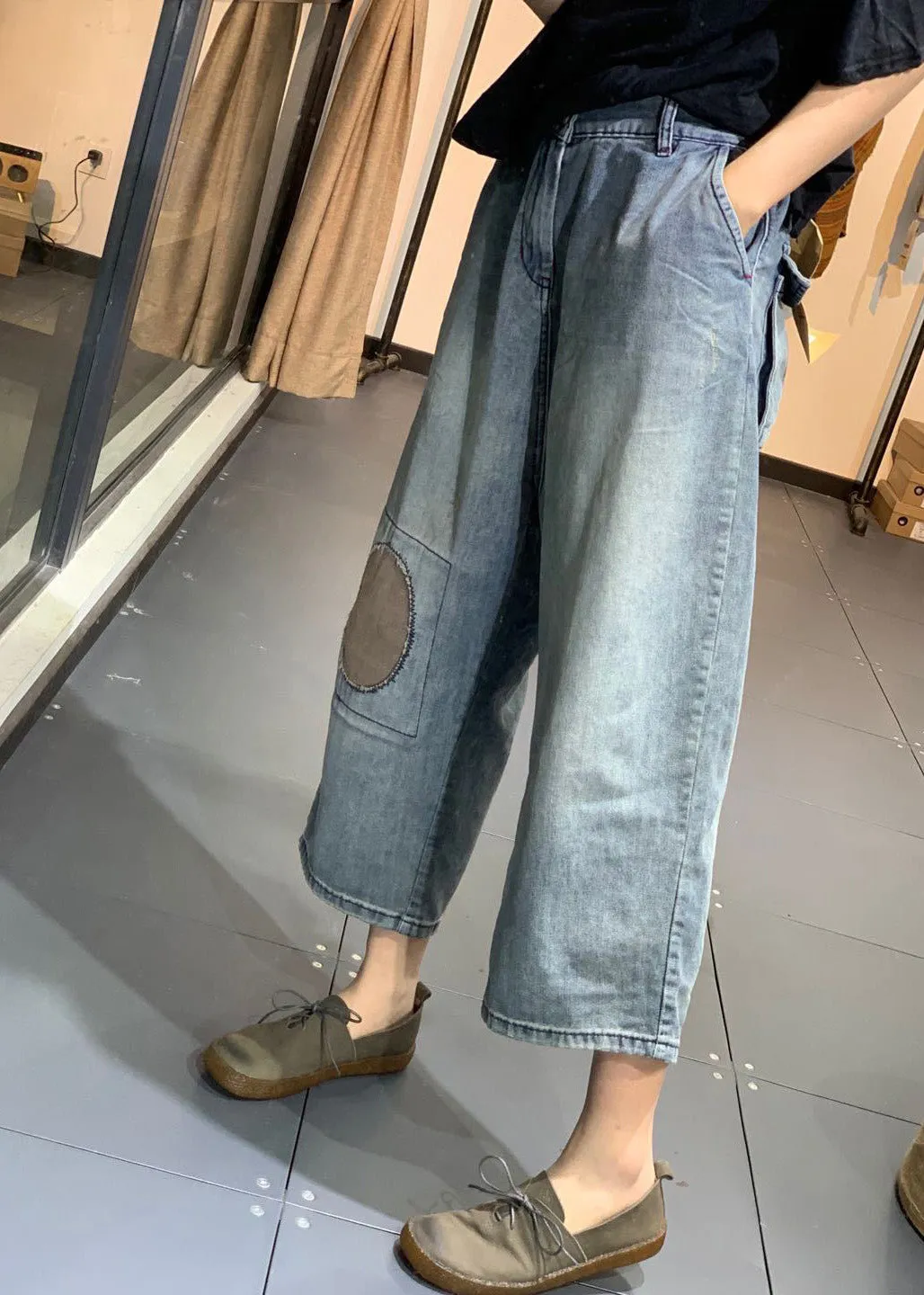 Classy Blue Patchwork High Waist Denim Crop Pants Summer LY4917