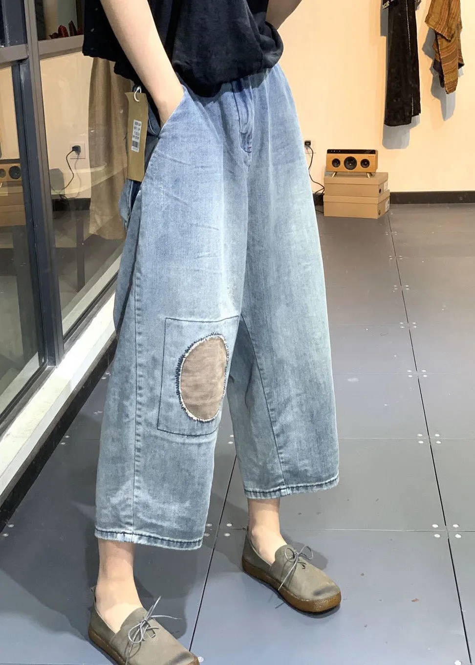 Classy Blue Patchwork High Waist Denim Crop Pants Summer LY4917