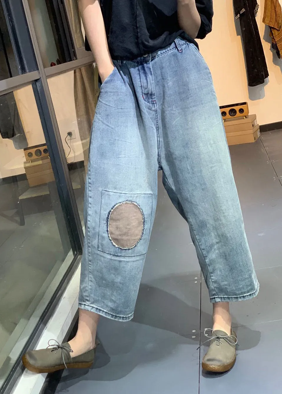 Classy Blue Patchwork High Waist Denim Crop Pants Summer LY4917