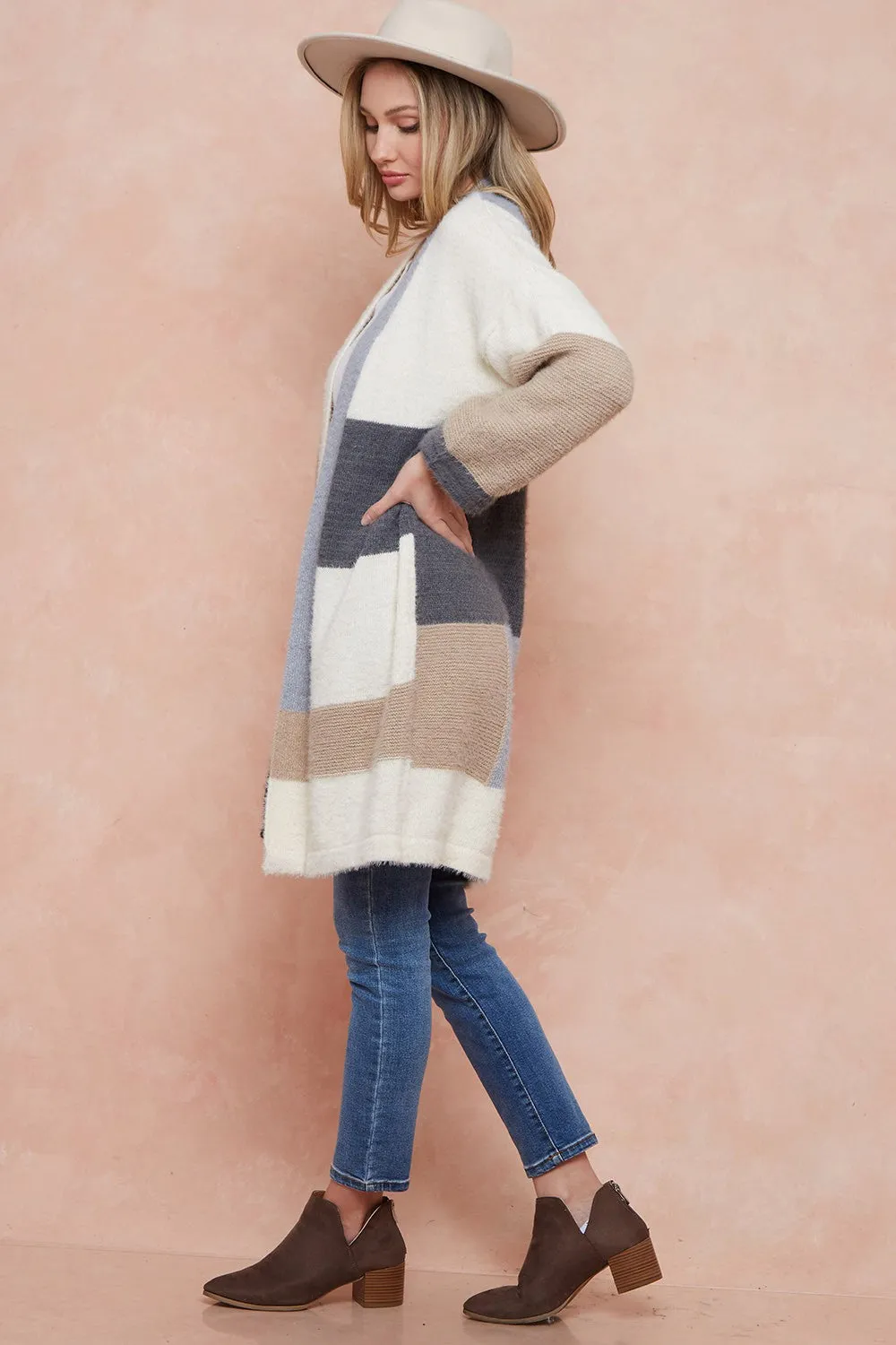 Color Blocked  Open Front Long Knit Sweater Cardigan