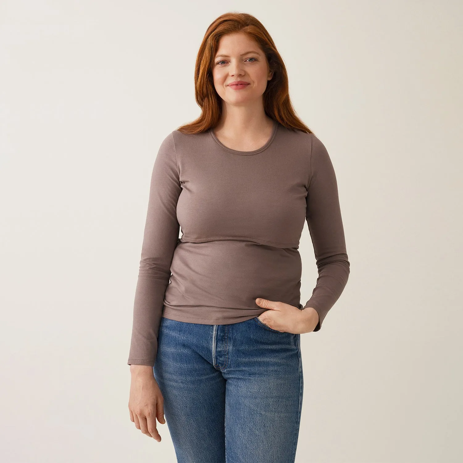 Cotton Maternity Classic LS Top - Dark Taupe