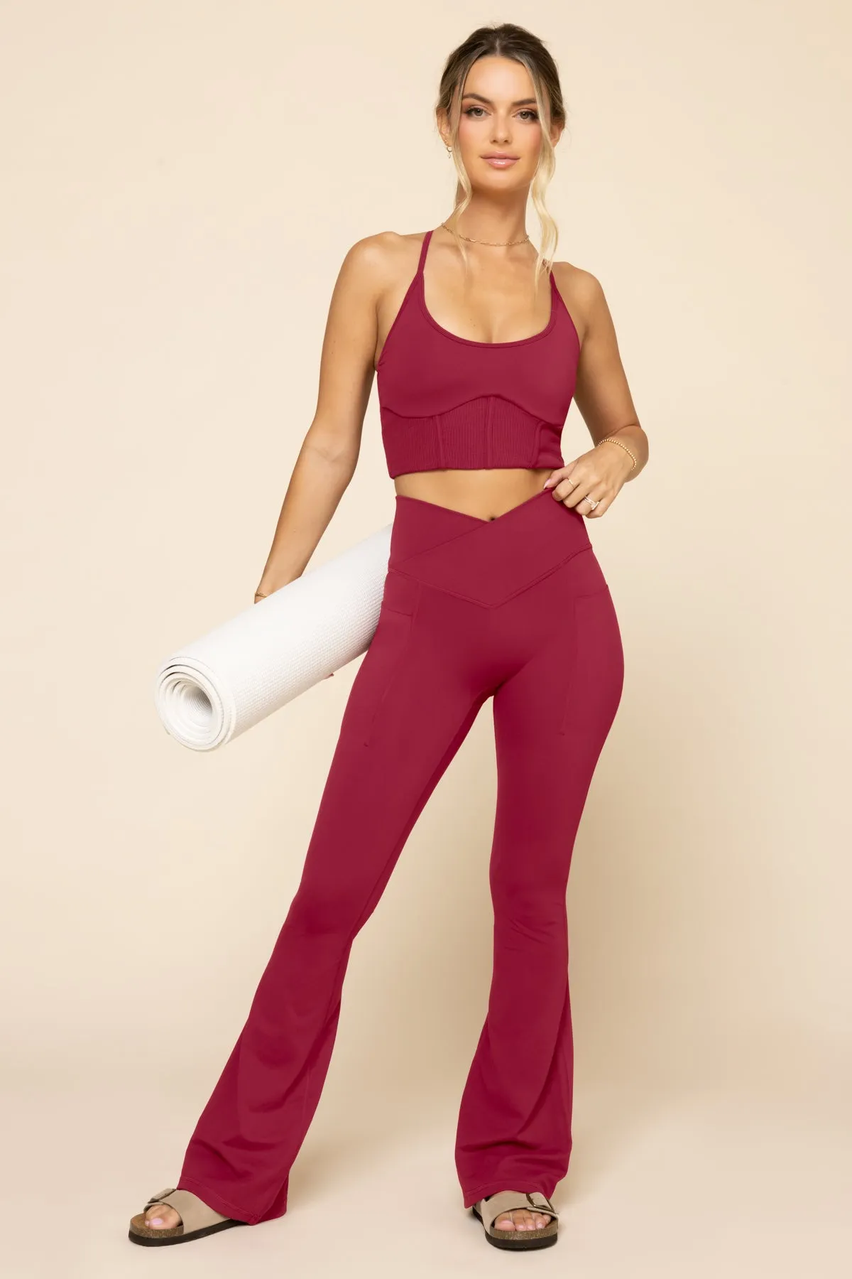 Crisscross Hourglass® Flared Leggings with Pockets - Ruby