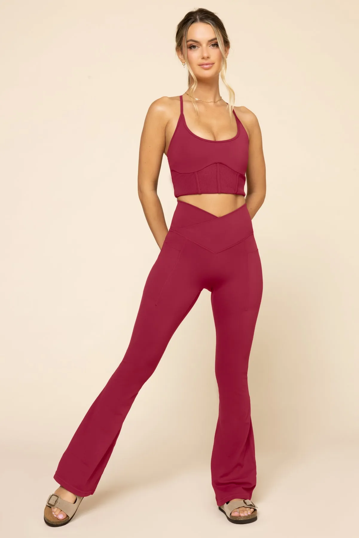 Crisscross Hourglass® Flared Leggings with Pockets - Ruby