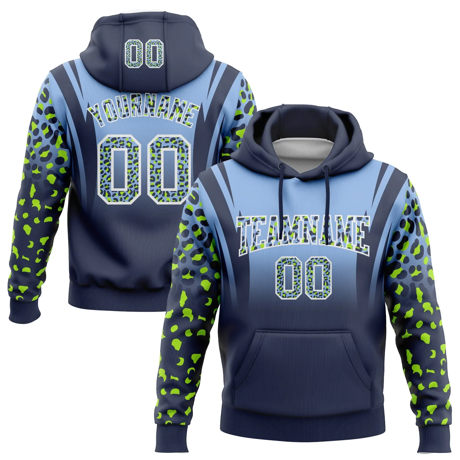 Custom Stitched Light Blue Navy-White Fade Fashion Leopard Print Sports Pullover Sweatshirt Hoodie