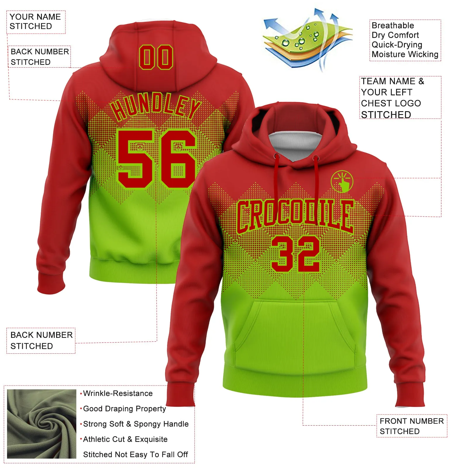 Custom Stitched Red Neon Green 3D Pattern Design Gradient Square Shape Sports Pullover Sweatshirt Hoodie