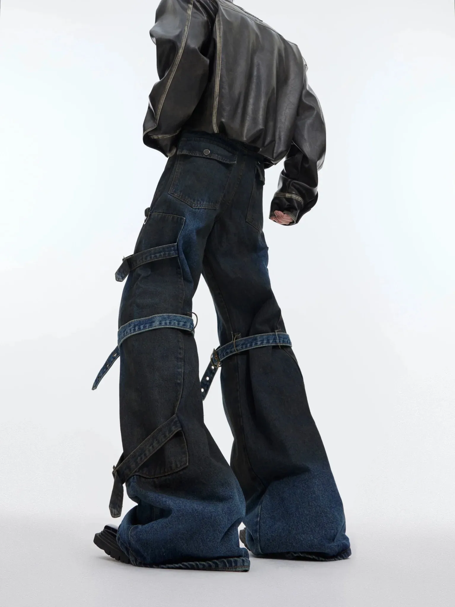 Deconstructed Dyeing Washed Flared Jeans with Strappy Design