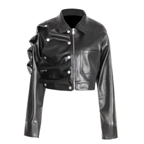 Detachable Button Irregular Leather Jackets For Women Lapel Long Sleeve Spliced Zipper Jacket Female Fashion