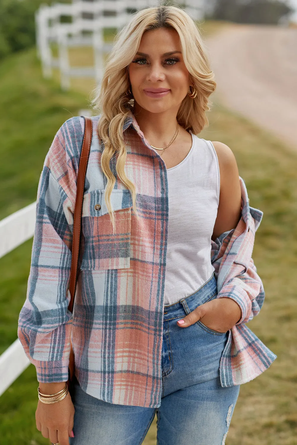 Double Take Plaid Dropped Shoulder Shacket