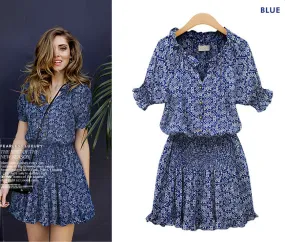 DUNNMALL  1122 European Station New Short Sleeve Printed Casual All-Match V-neck Dress