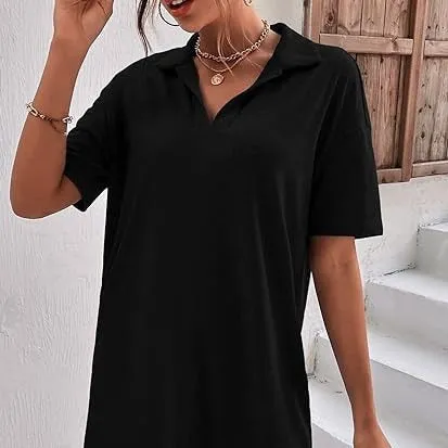 DUNNMALL  AliExpress  Europe and America Cross Border  Summer Solid Color Short Sleeve Pullover Lapel Casual Women's Dress