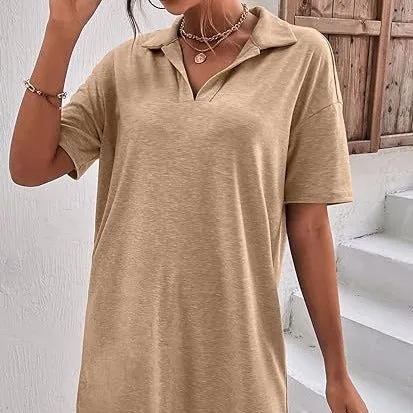 DUNNMALL  AliExpress  Europe and America Cross Border  Summer Solid Color Short Sleeve Pullover Lapel Casual Women's Dress