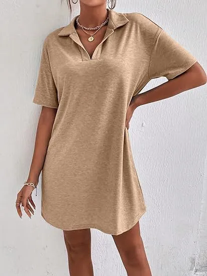 DUNNMALL  AliExpress  Europe and America Cross Border  Summer Solid Color Short Sleeve Pullover Lapel Casual Women's Dress