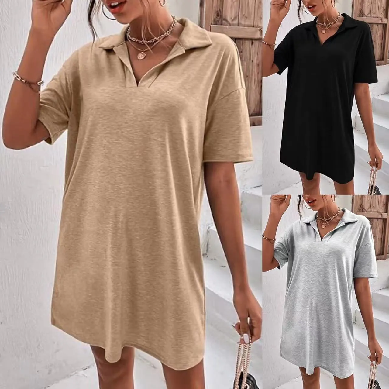 DUNNMALL  AliExpress  Europe and America Cross Border  Summer Solid Color Short Sleeve Pullover Lapel Casual Women's Dress