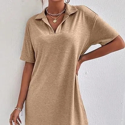 DUNNMALL  AliExpress  Europe and America Cross Border  Summer Solid Color Short Sleeve Pullover Lapel Casual Women's Dress