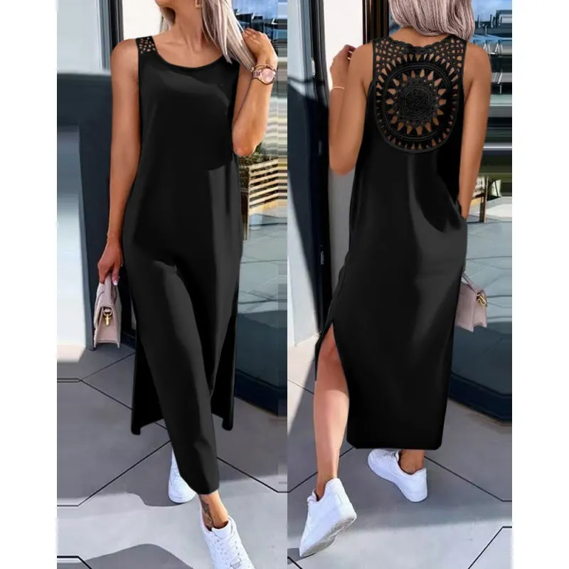 DUNNMALL  AliExpress  European and American New Fashion Slim Solid Color Back Lace Sleeveless Dress