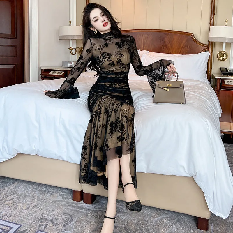 DUNNMALL  Autumn New  Sexy Woven Velvet Printed Slim-Fit Flared Sleeves Mesh Fishtail Dress Female 20743