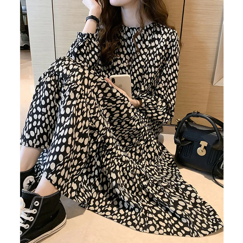 DUNNMALL  Chiffon Polka Dots Dress Women's  New Loose Slimming French Retro Crew Neck Girl's Dress Bottoming Skirt