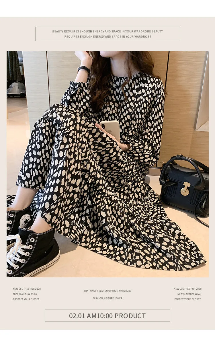 DUNNMALL  Chiffon Polka Dots Dress Women's  New Loose Slimming French Retro Crew Neck Girl's Dress Bottoming Skirt