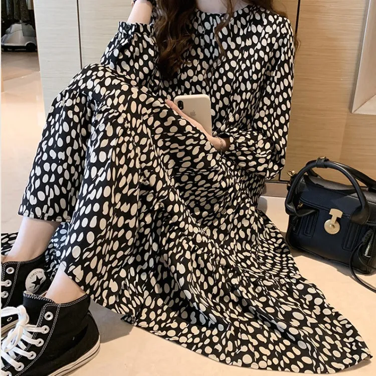 DUNNMALL  Chiffon Polka Dots Dress Women's  New Loose Slimming French Retro Crew Neck Girl's Dress Bottoming Skirt