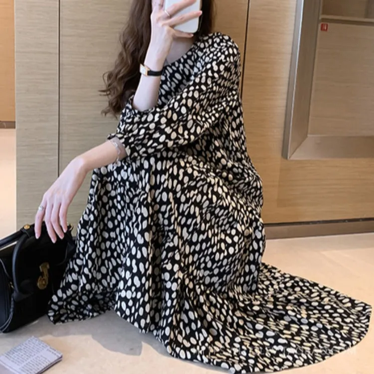 DUNNMALL  Chiffon Polka Dots Dress Women's  New Loose Slimming French Retro Crew Neck Girl's Dress Bottoming Skirt