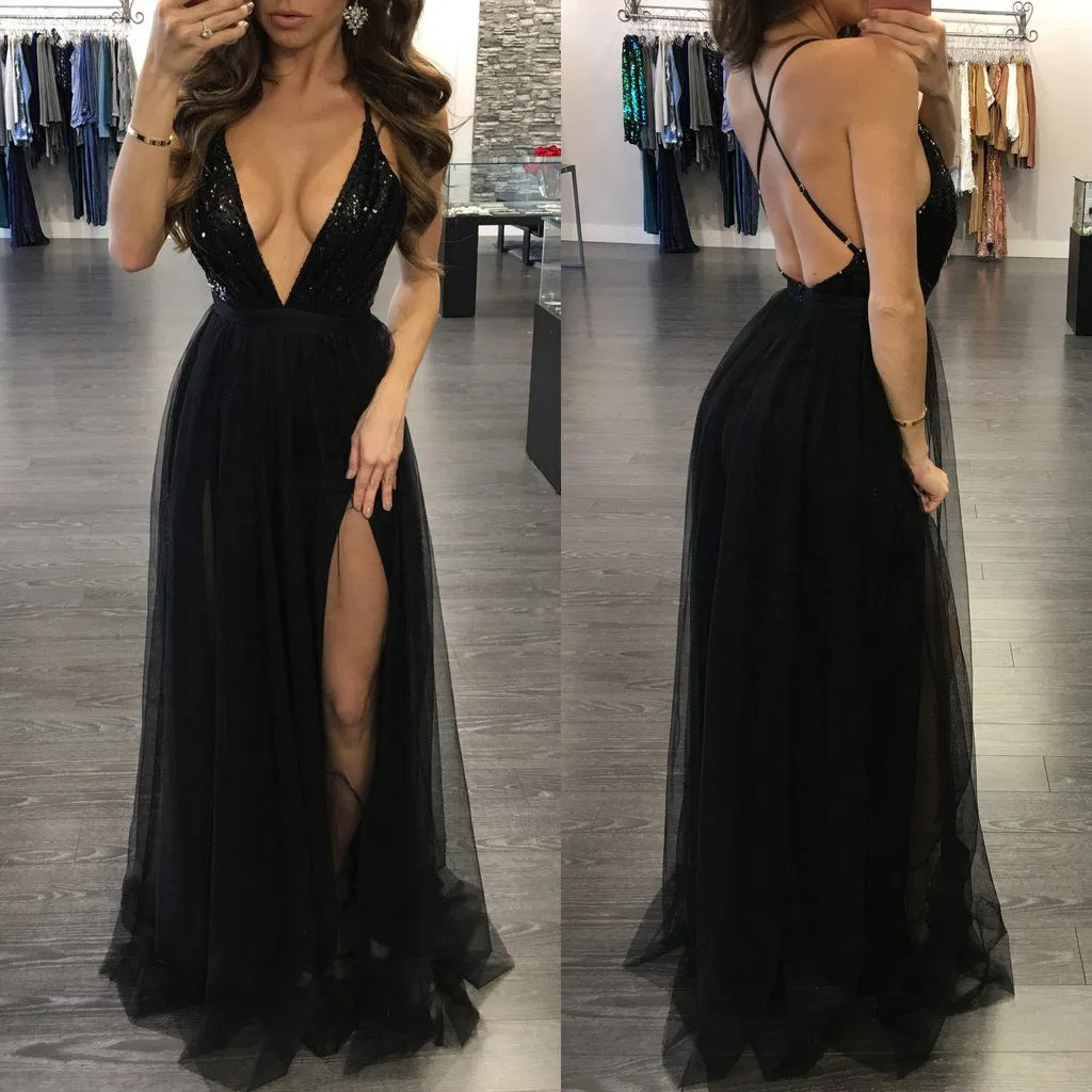 DUNNMALL  EBay Hot Sale at  European and American Fashion  Sexy Mesh Stitching Sequin Sling Backless Dress