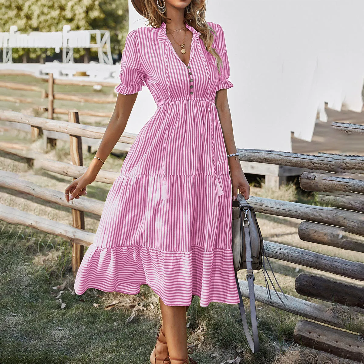 DUNNMALL  Self-Developed Design European and American Fashion Women's Wear Dress  Summer  Stripes Dress Temperament