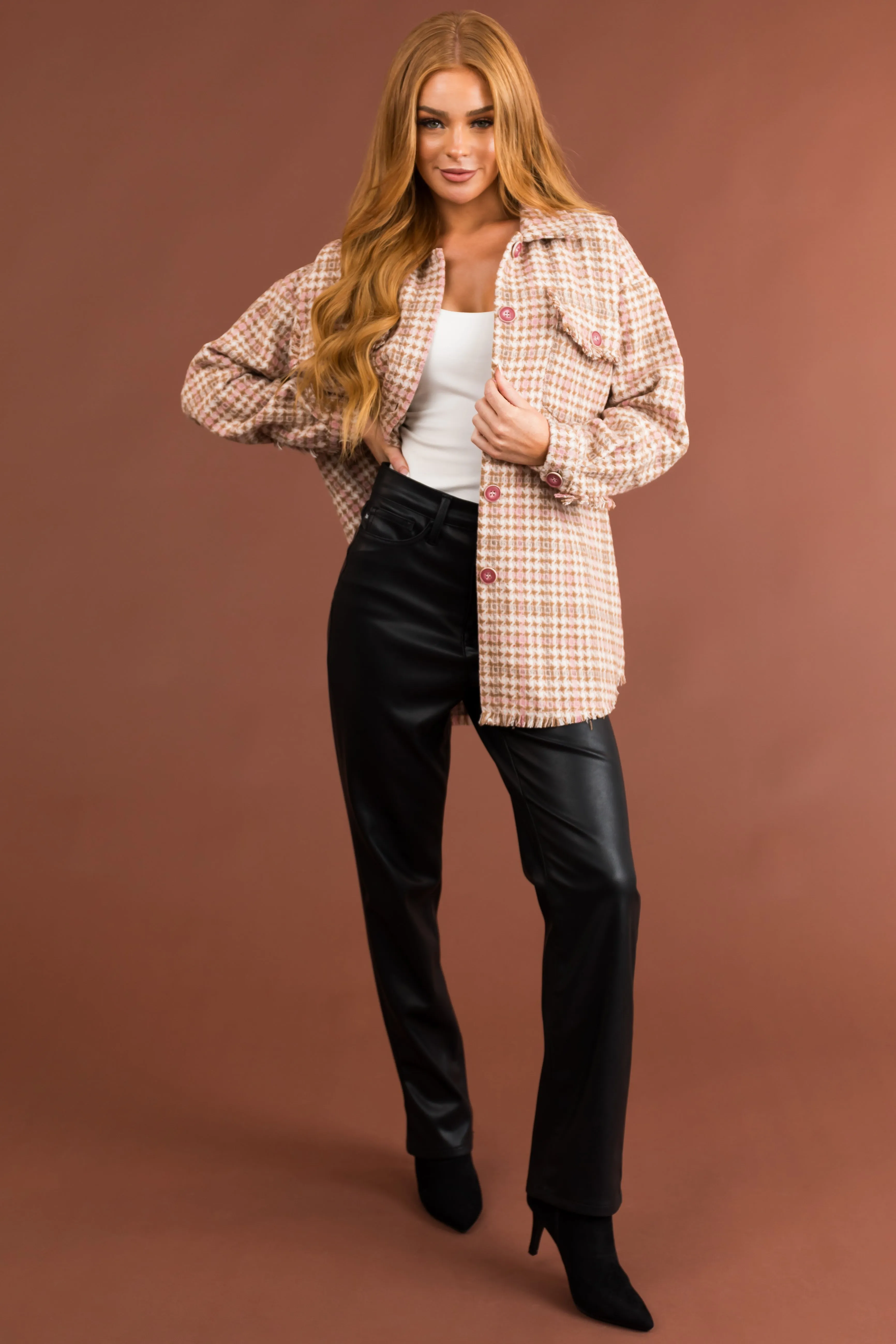 Dusty Blush Houndstooth Button Up Shacket