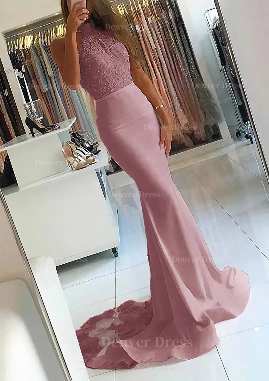 Elastic Satin Court Train Trumpet/Mermaid Sleeveless Halter Covered Button Prom Dress With Beaded