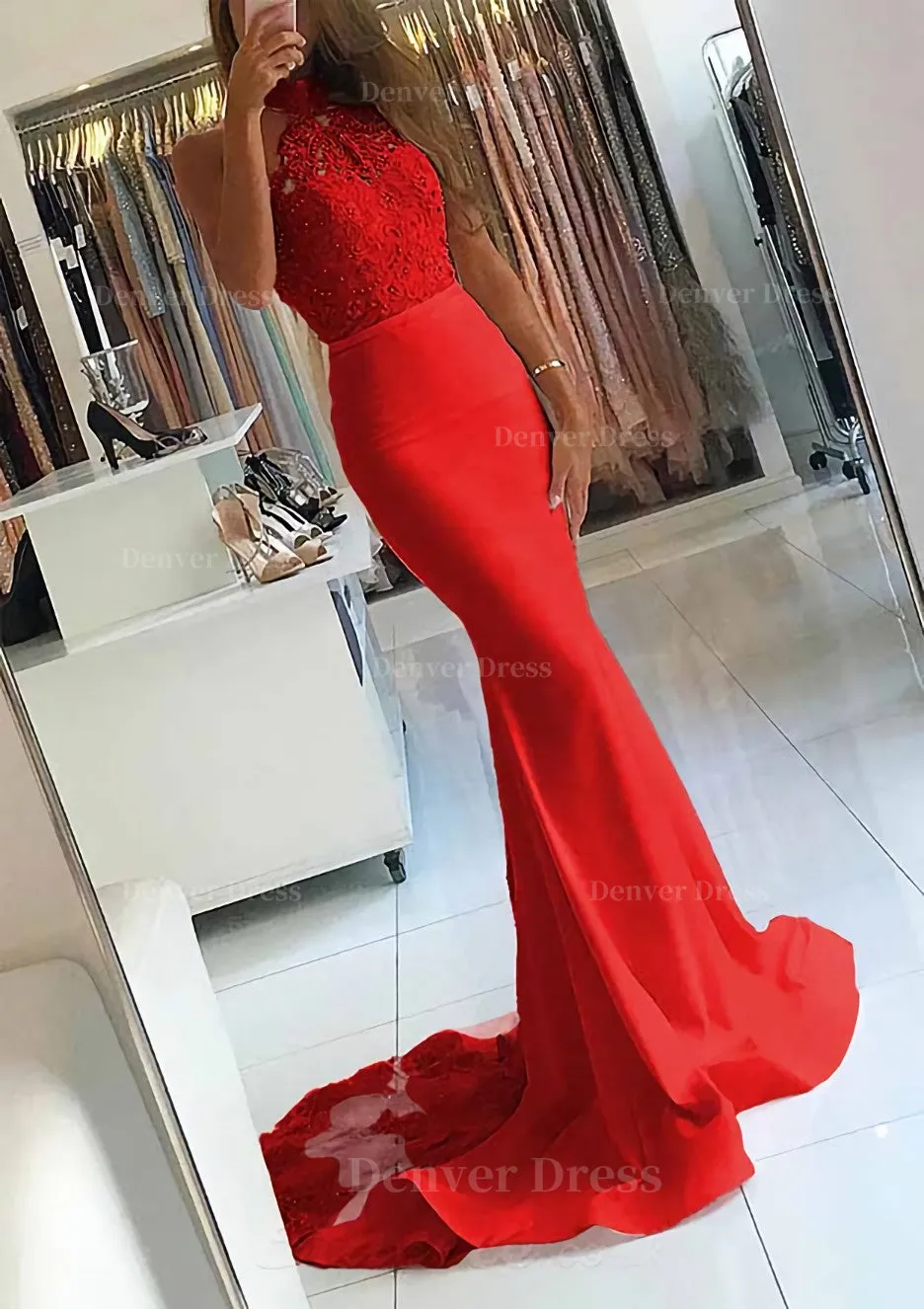 Elastic Satin Court Train Trumpet/Mermaid Sleeveless Halter Covered Button Prom Dress With Beaded