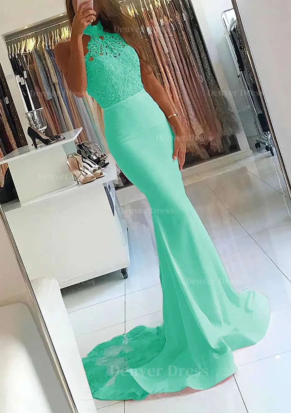 Elastic Satin Court Train Trumpet/Mermaid Sleeveless Halter Covered Button Prom Dress With Beaded