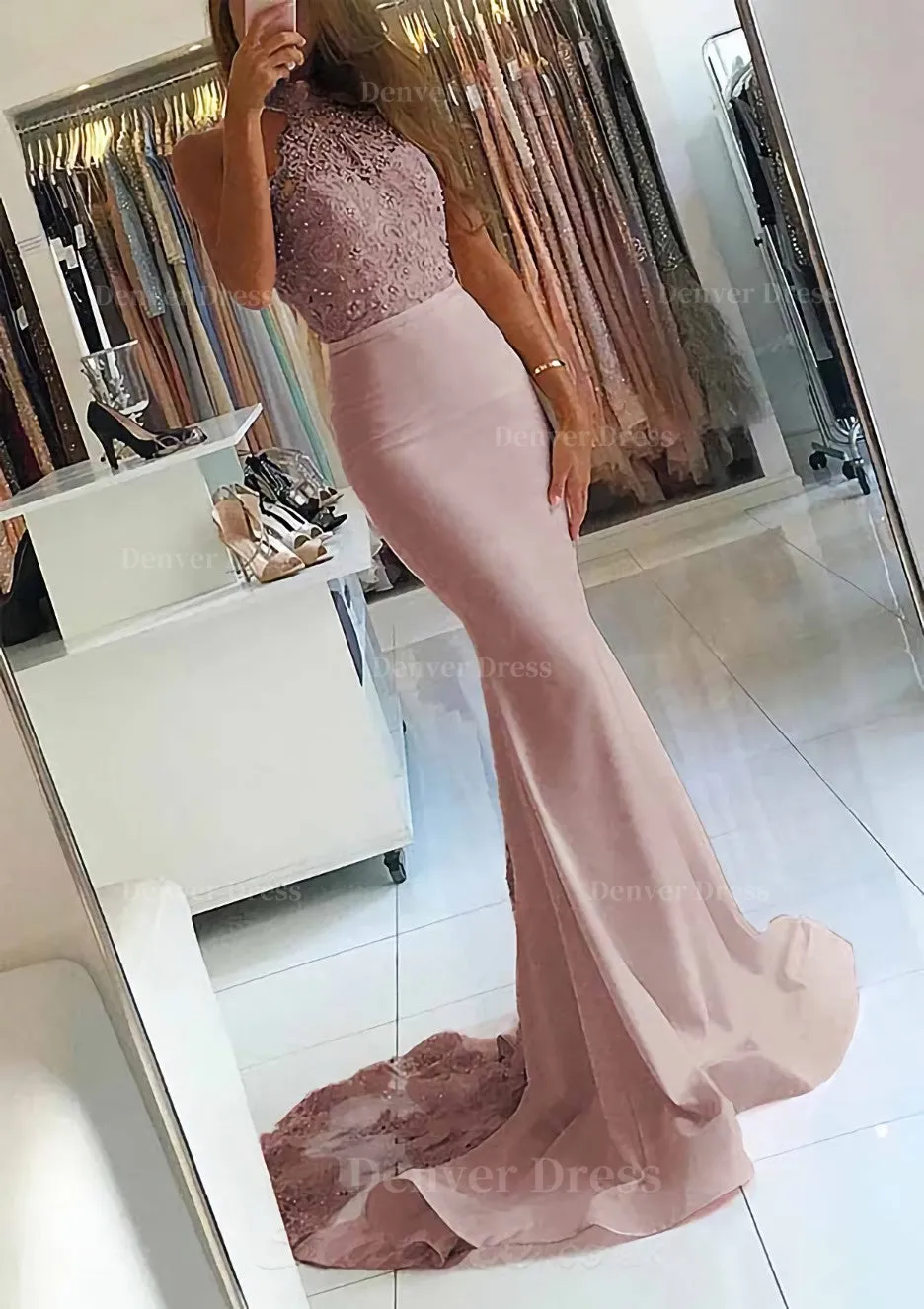 Elastic Satin Court Train Trumpet/Mermaid Sleeveless Halter Covered Button Prom Dress With Beaded