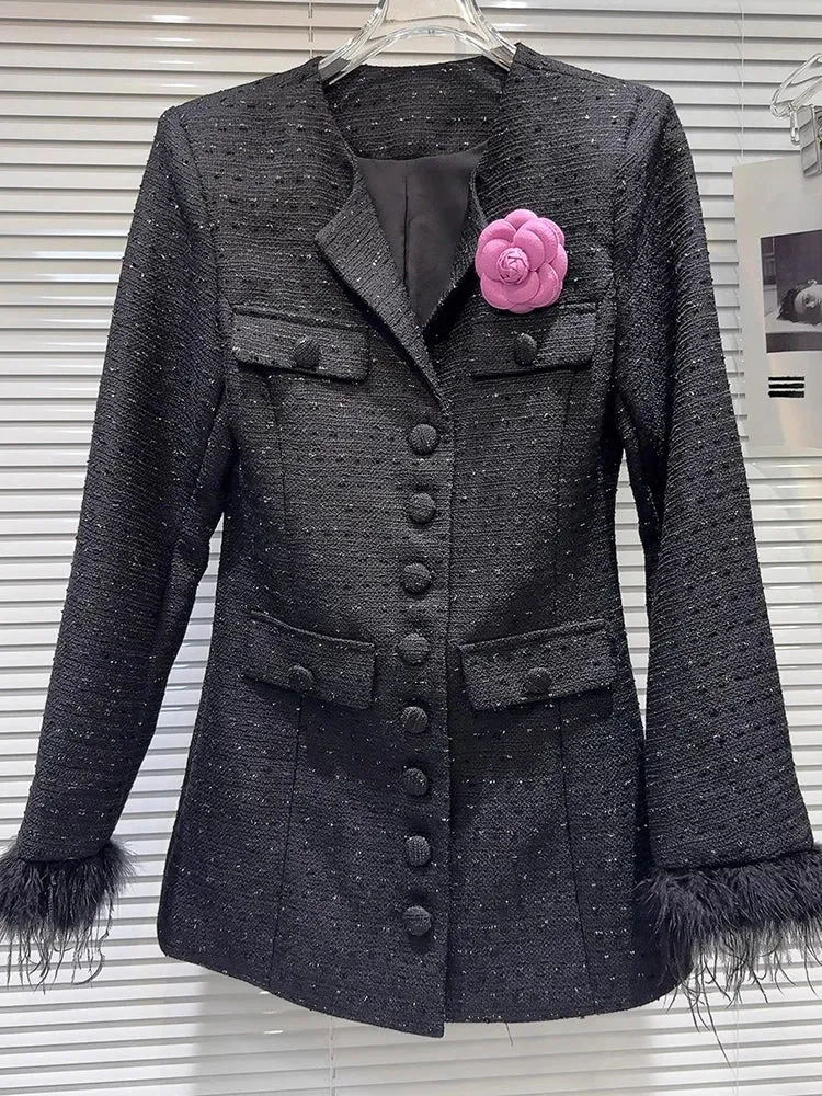 Elegant Spliced Brooch Coats For Women Lapel Long Sleeve Patchwork Single Breasted Temperament Coat Female Fashion