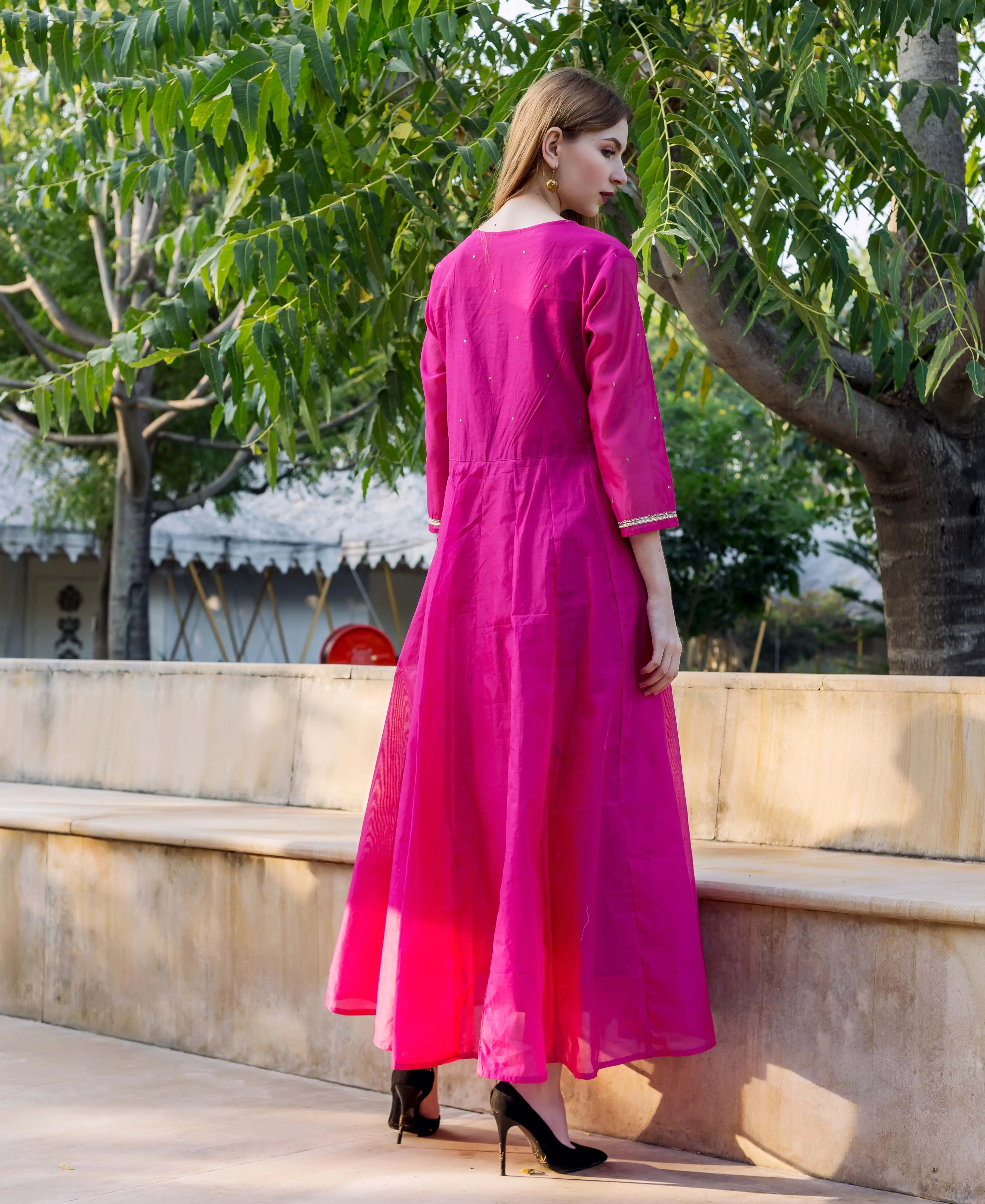 Eshika Raspberry Pink Embroidered Chanderi Dress