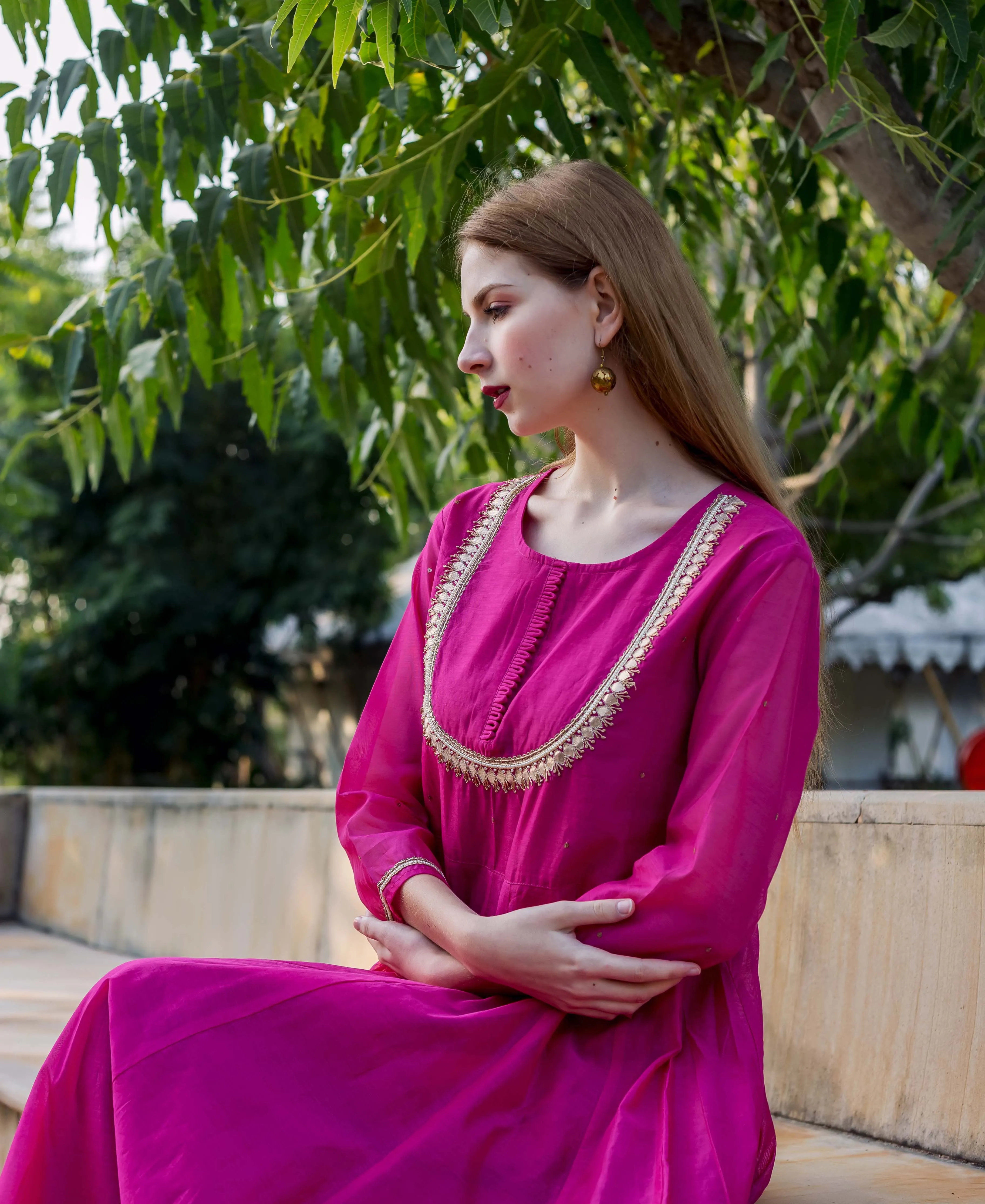 Eshika Raspberry Pink Embroidered Chanderi Dress