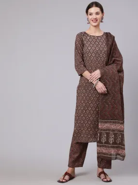 Ethnic Motifs Printed Pure Cotton Kurta With Trousers & Dupatta - The Nks Plus