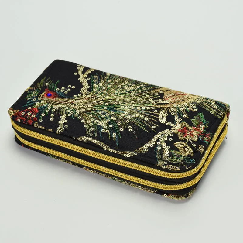 Ethnic Style Double-Sided Embroidered Wallet Featured Peacock Embroidery Long Zipper Handheld Change and Mobile Phone Bag