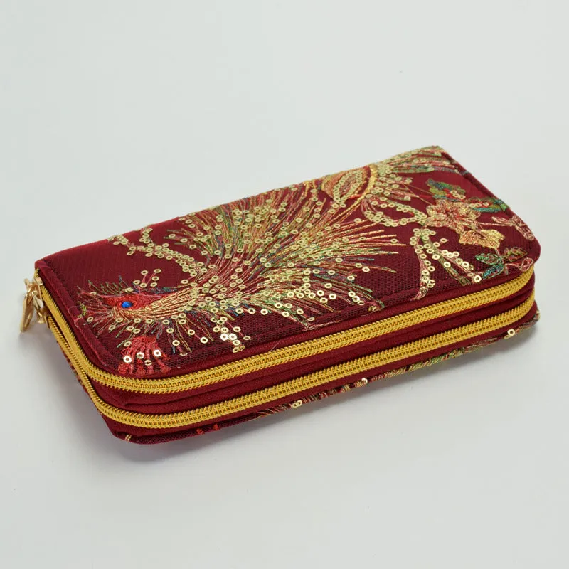 Ethnic Style Double-Sided Embroidered Wallet Featured Peacock Embroidery Long Zipper Handheld Change and Mobile Phone Bag