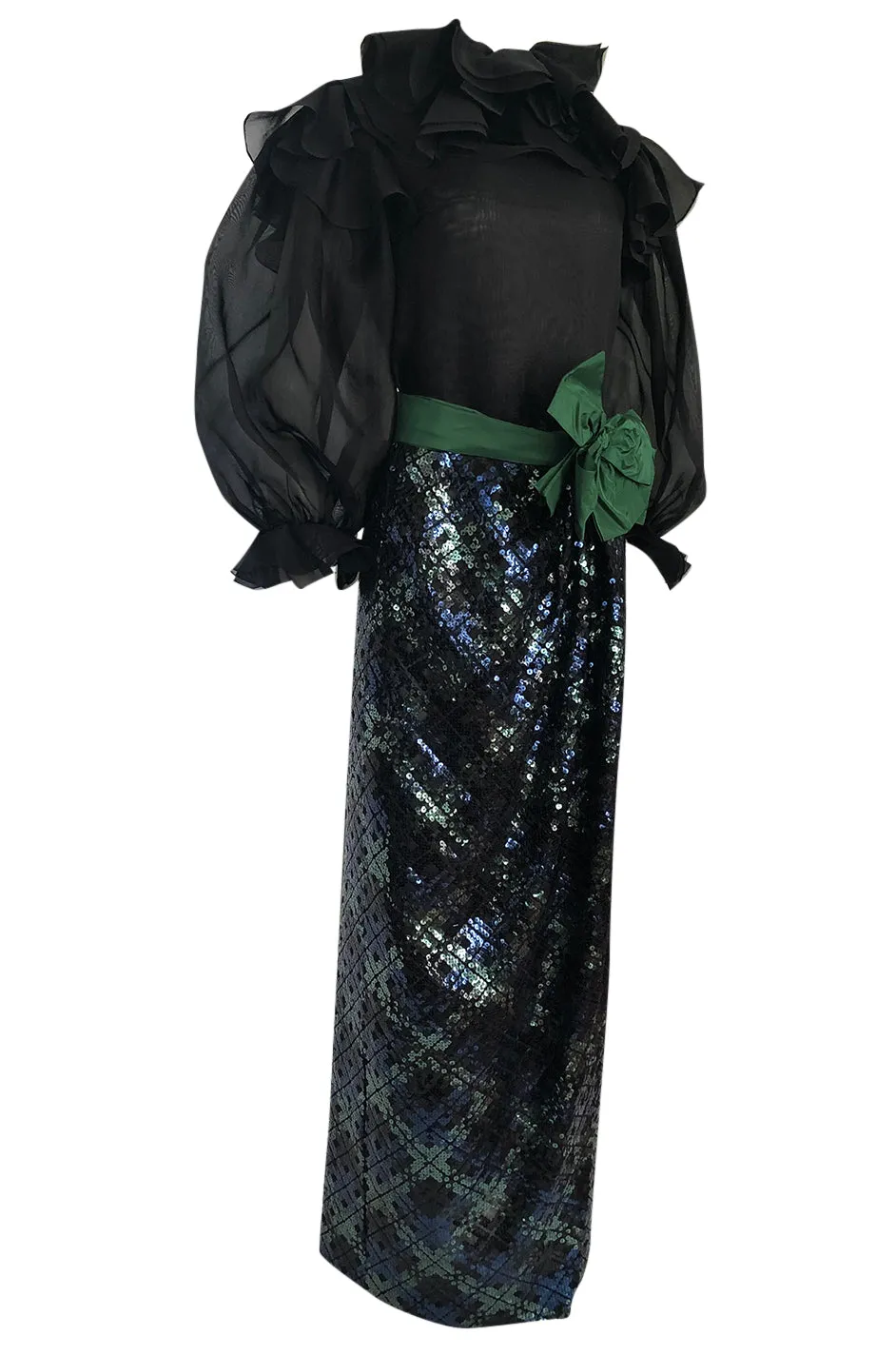 Fall 1980 Bill Blass Couture Sequin Skirt & Organza Pouf Top Dress Set