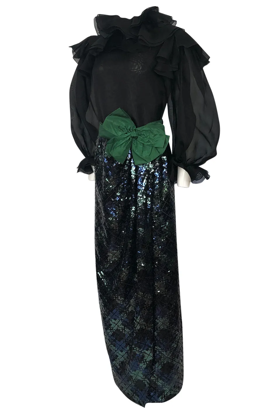 Fall 1980 Bill Blass Couture Sequin Skirt & Organza Pouf Top Dress Set