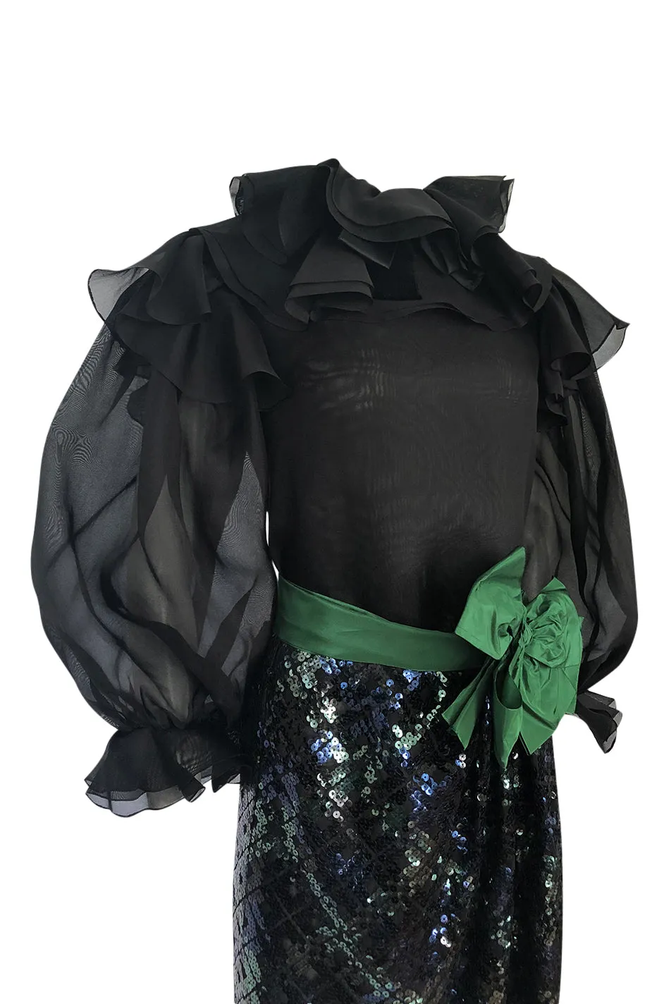 Fall 1980 Bill Blass Couture Sequin Skirt & Organza Pouf Top Dress Set