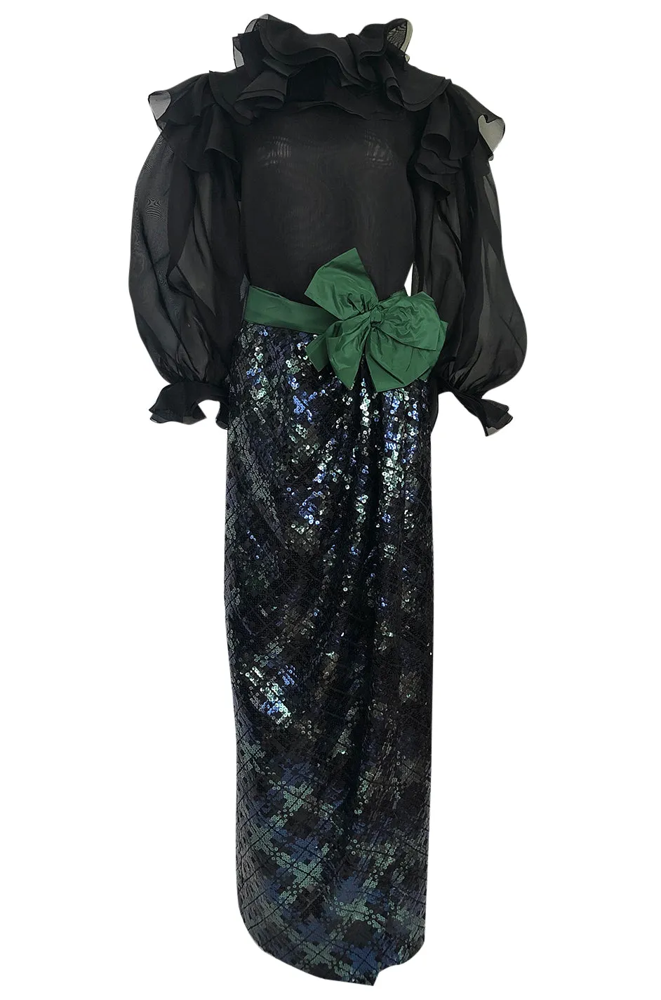 Fall 1980 Bill Blass Couture Sequin Skirt & Organza Pouf Top Dress Set