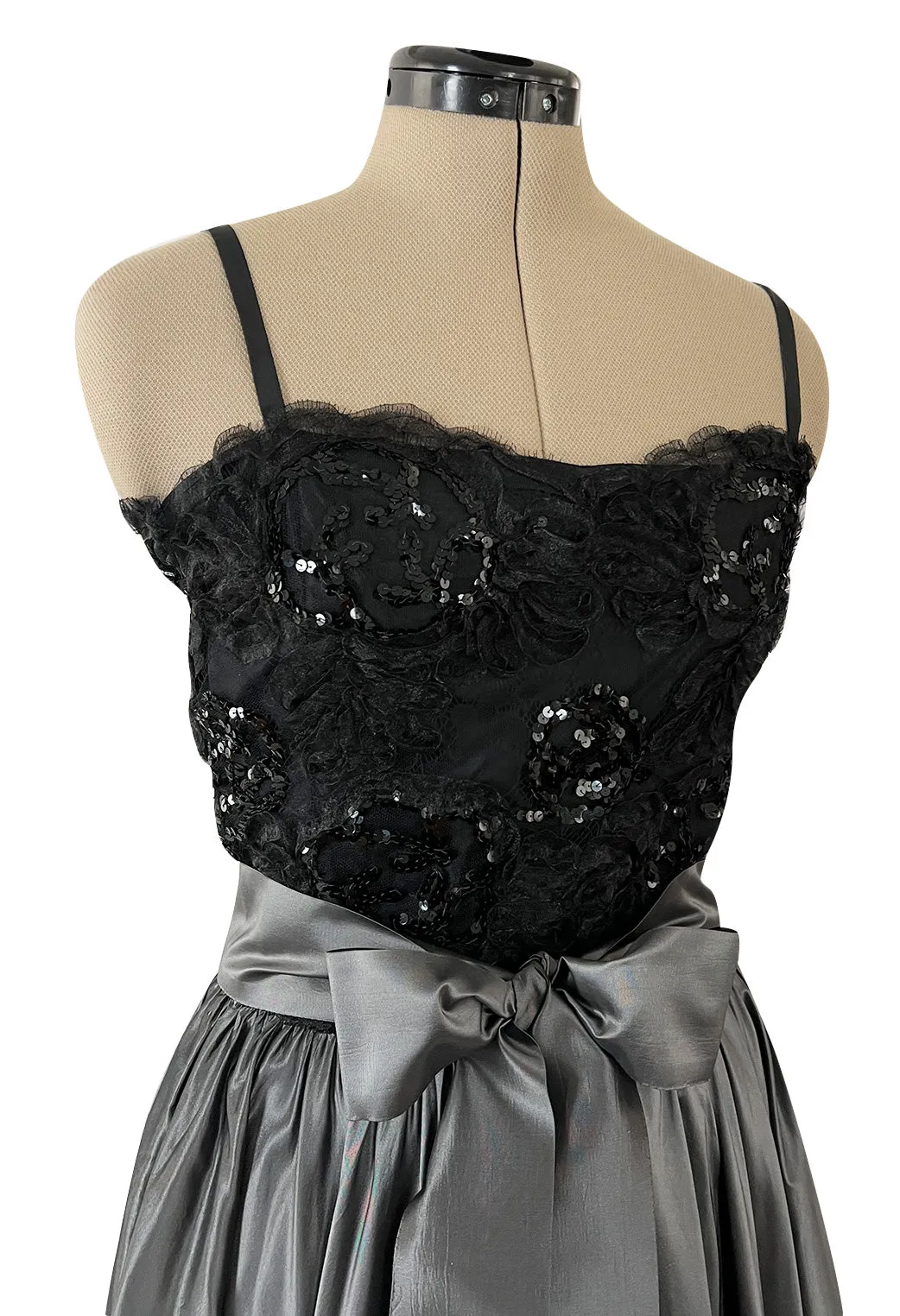 Fall 1981 Yves Saint Laurent Silver Silk Dress w Lace Netting & Sequin Detailing