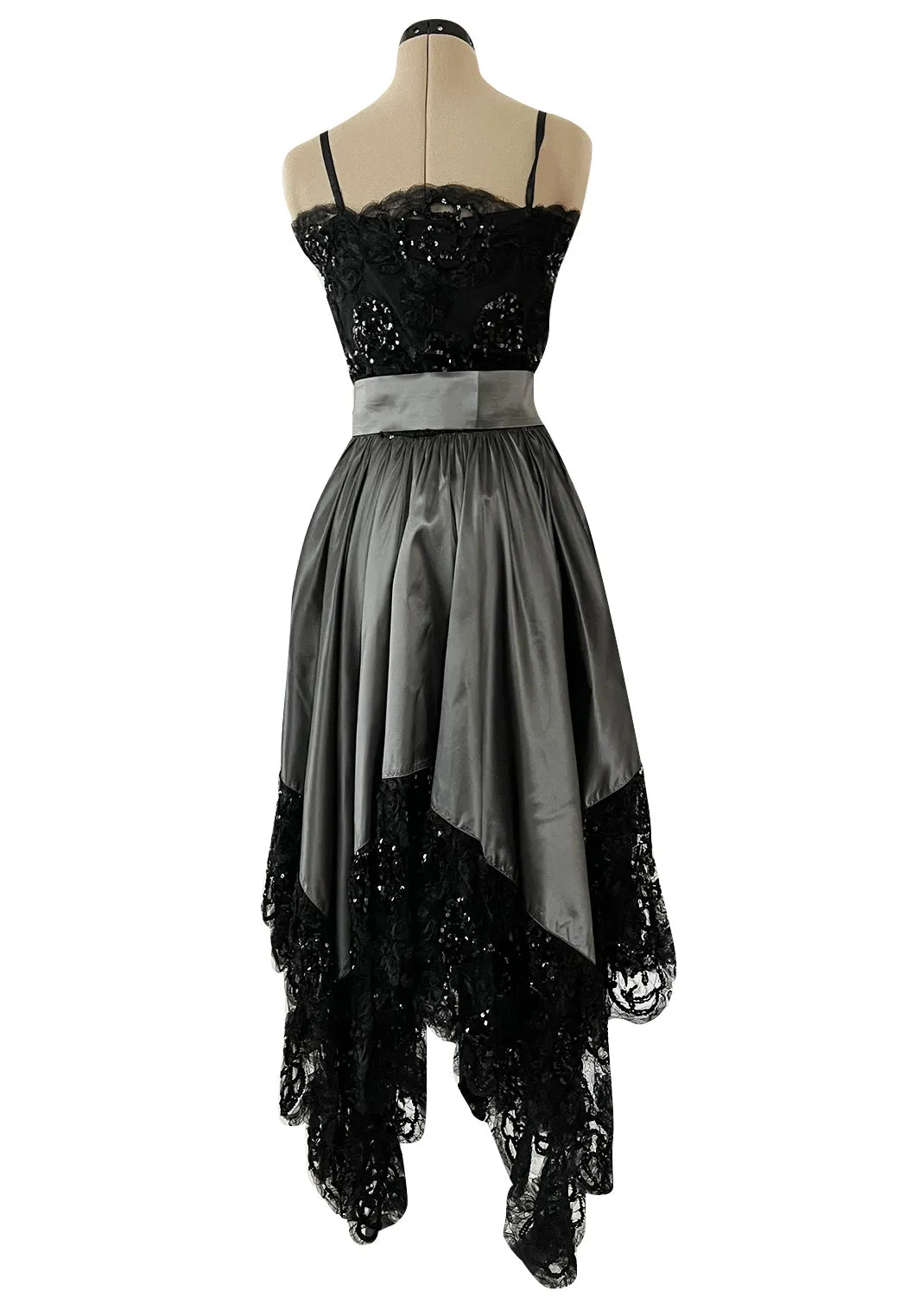 Fall 1981 Yves Saint Laurent Silver Silk Dress w Lace Netting & Sequin Detailing