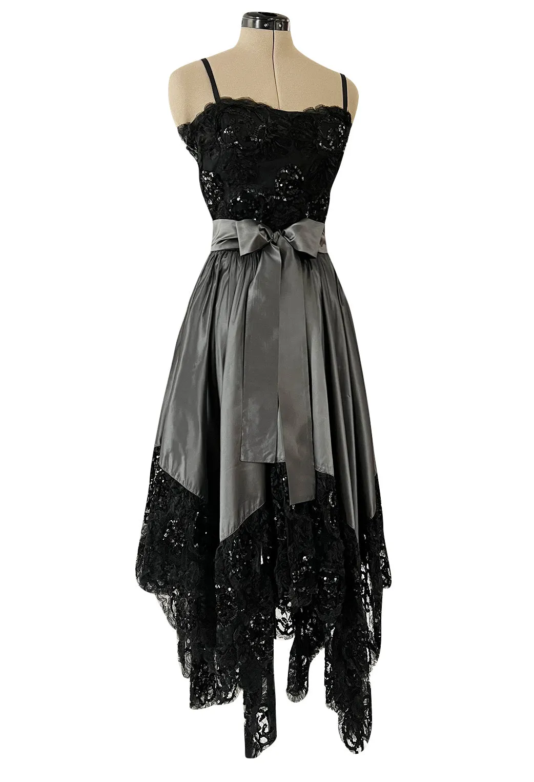 Fall 1981 Yves Saint Laurent Silver Silk Dress w Lace Netting & Sequin Detailing