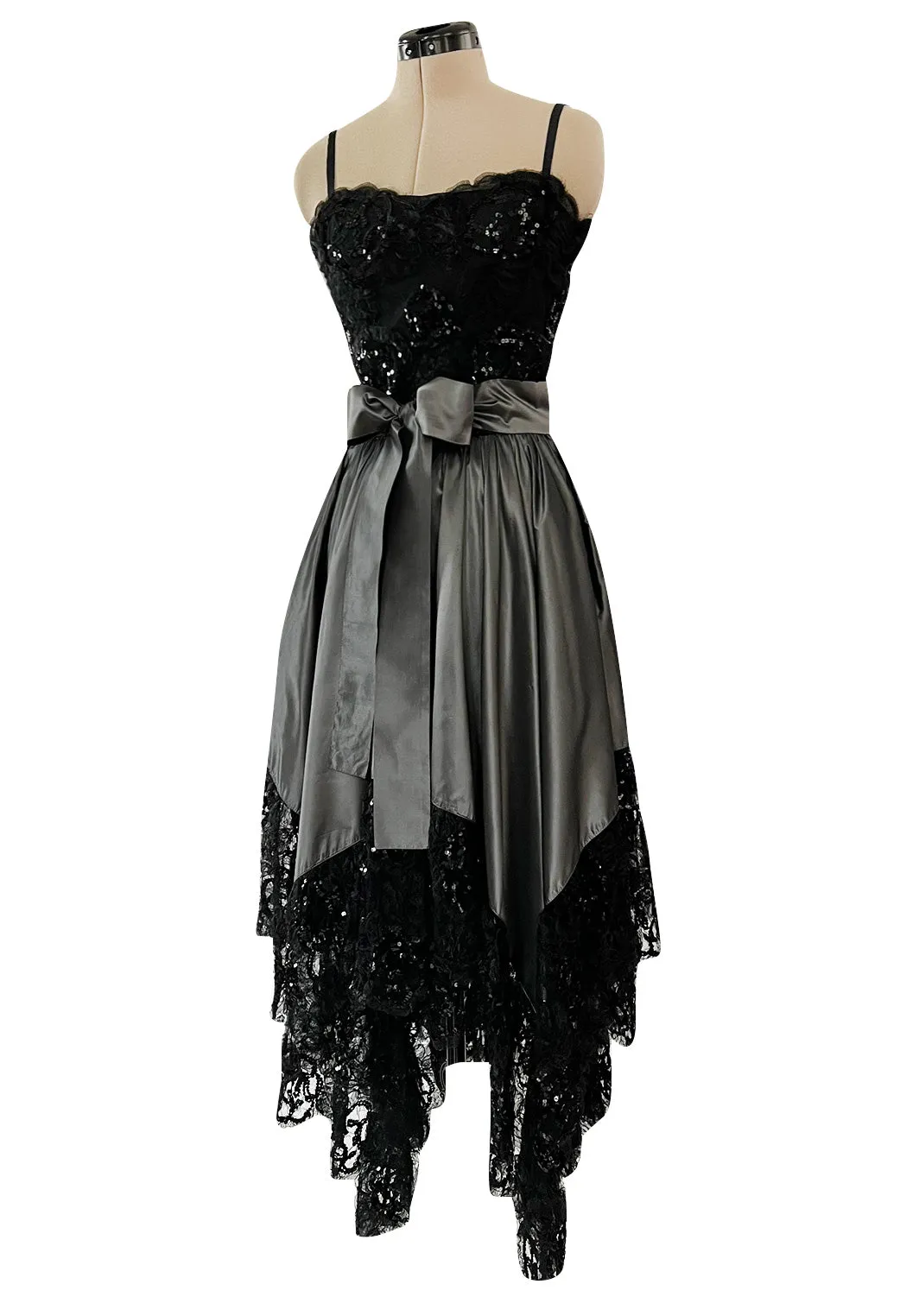 Fall 1981 Yves Saint Laurent Silver Silk Dress w Lace Netting & Sequin Detailing