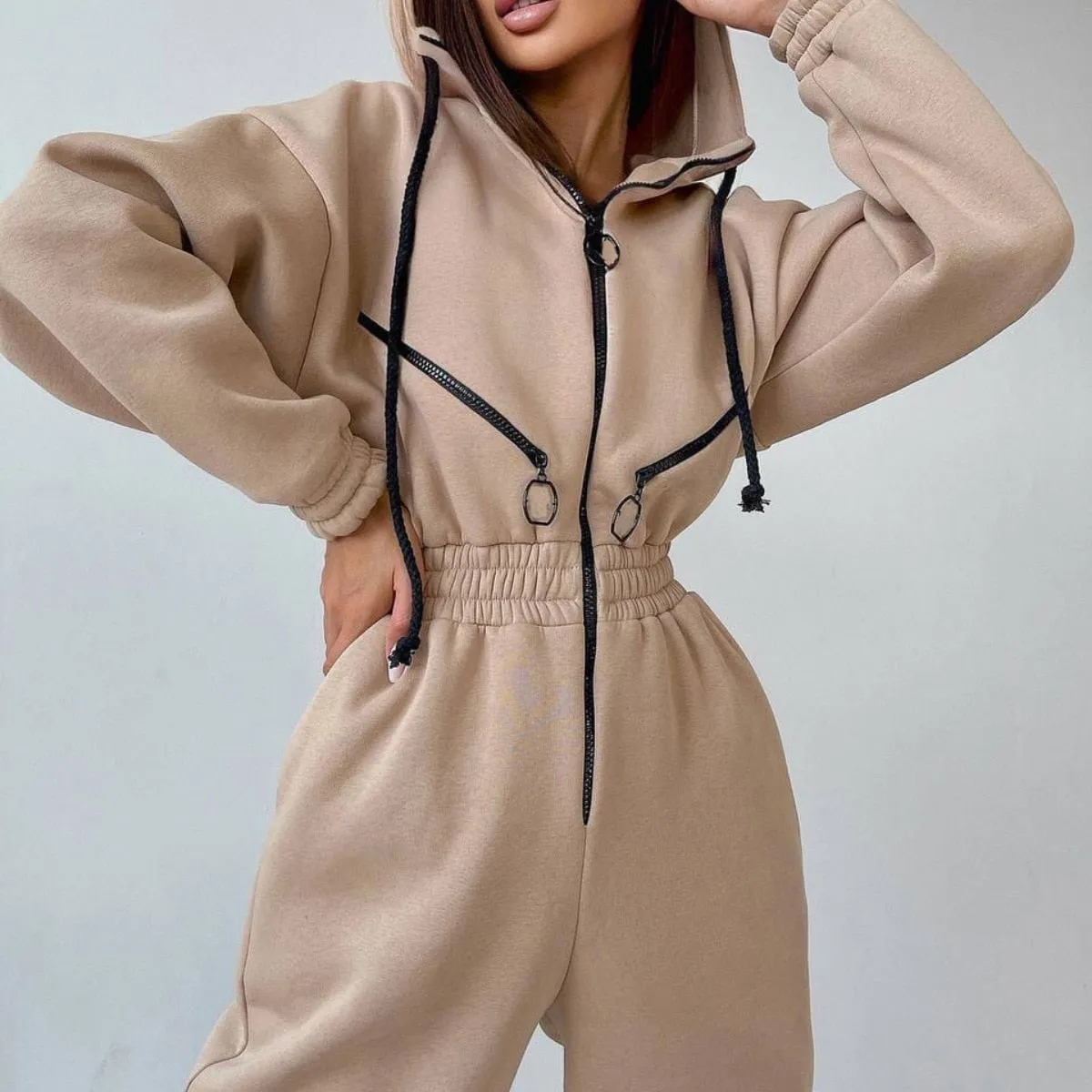 Fashionkova  Women Elegant Jumpsuit Hoodies Zipper One Piece Outfit Fleece Lined Winter Long Sleeve Overalls Casual Rompers Tracksuits Black